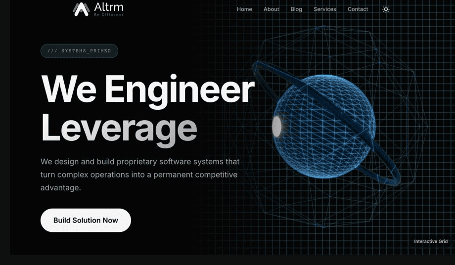 Altrm live homepage showing its custom software position.