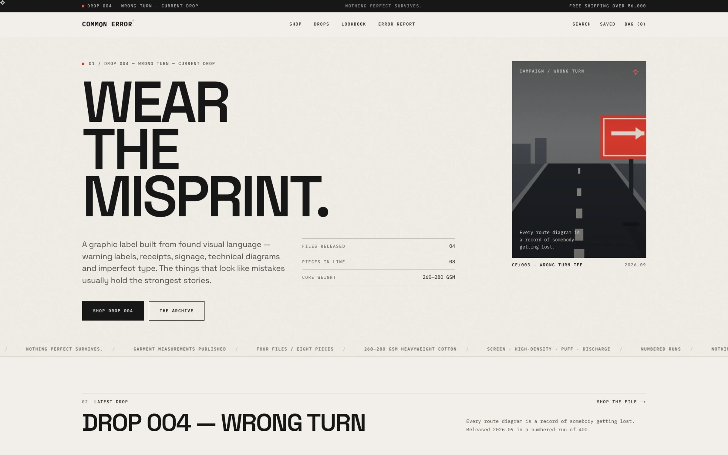 Common Error storefront for a numbered streetwear drop with warning-sign graphics.