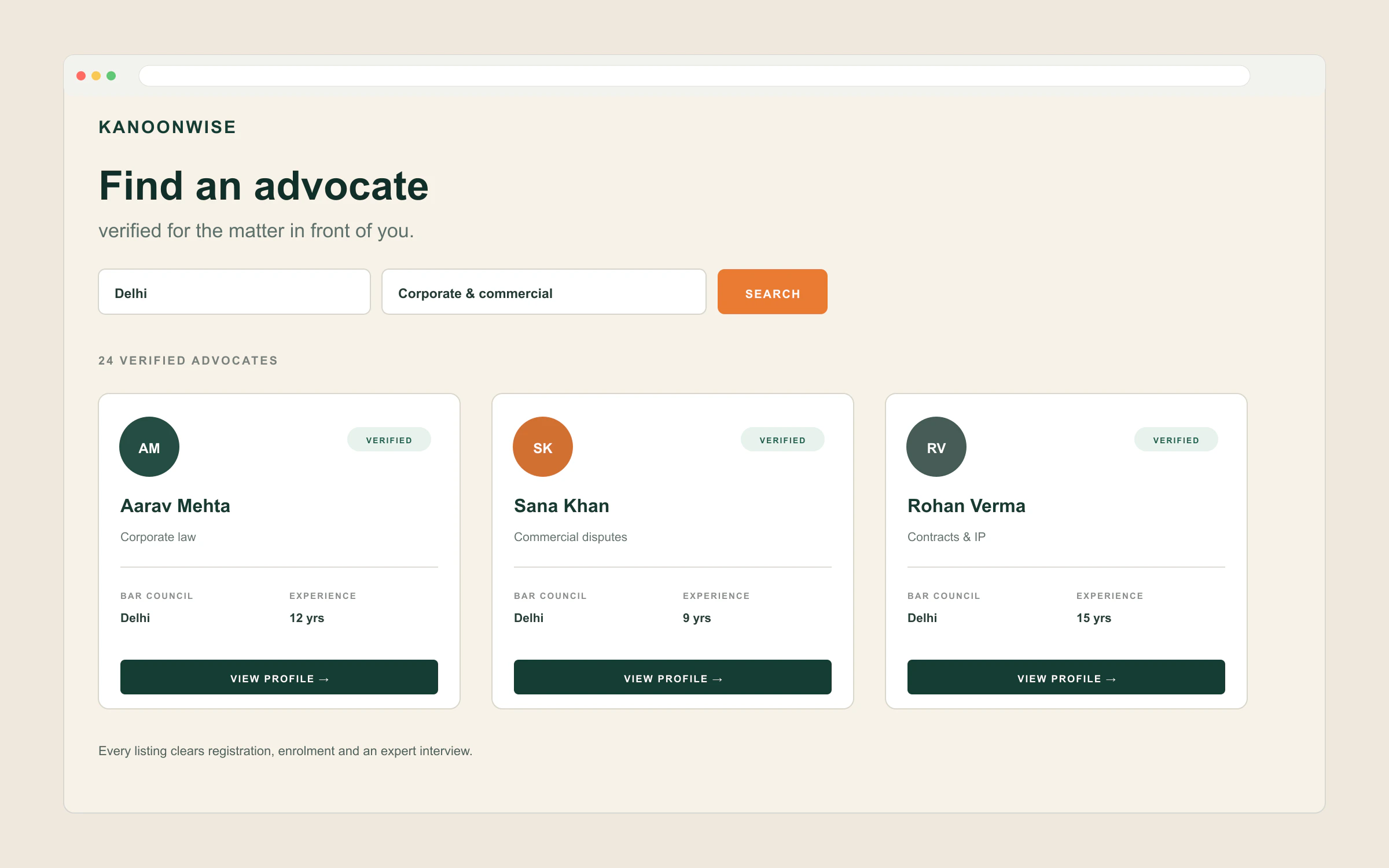 Kanoonwise advocate directory filtered to Delhi and corporate and commercial law.