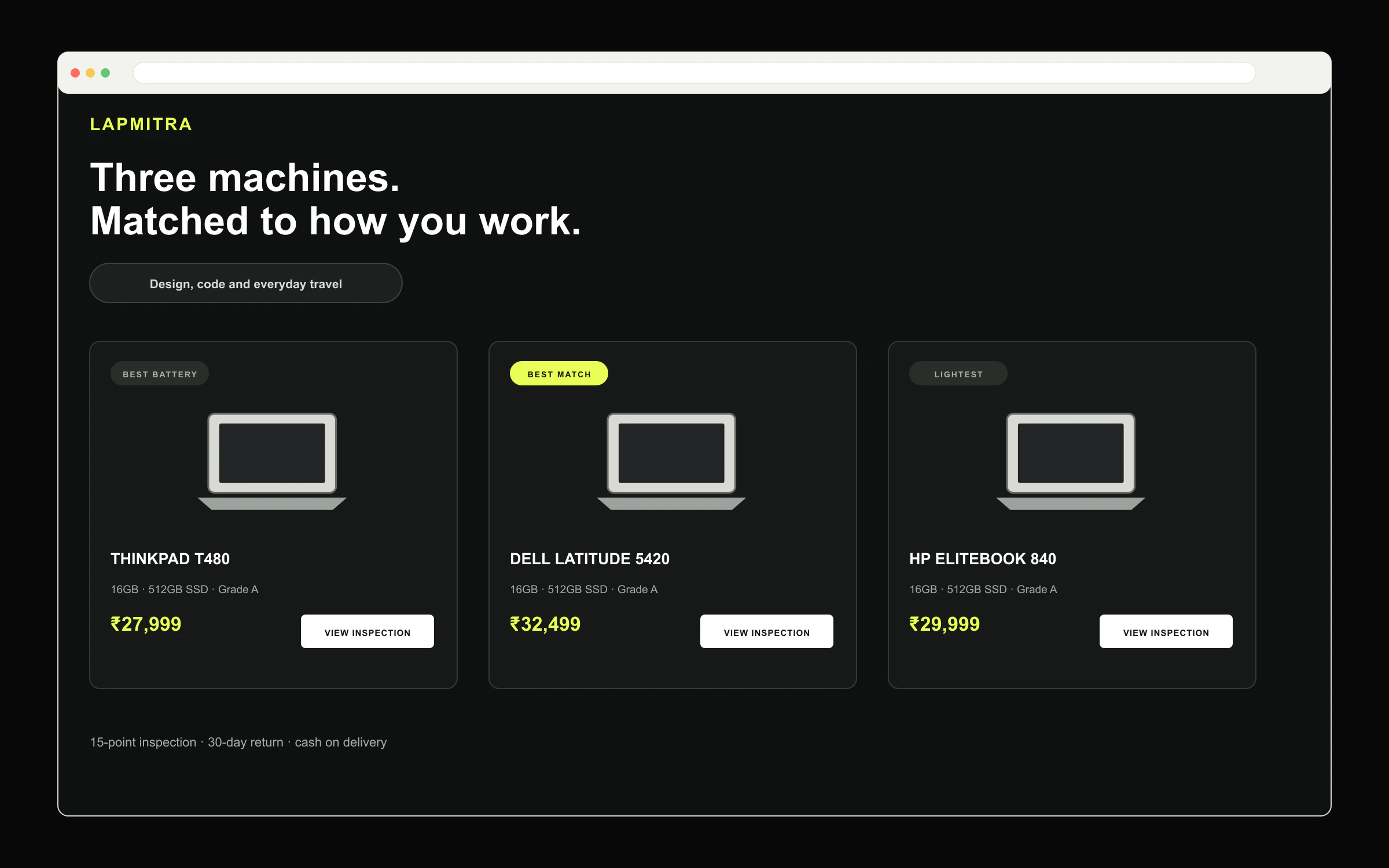 LapMitra comparison screen showing three refurbished laptops matched to one use case.