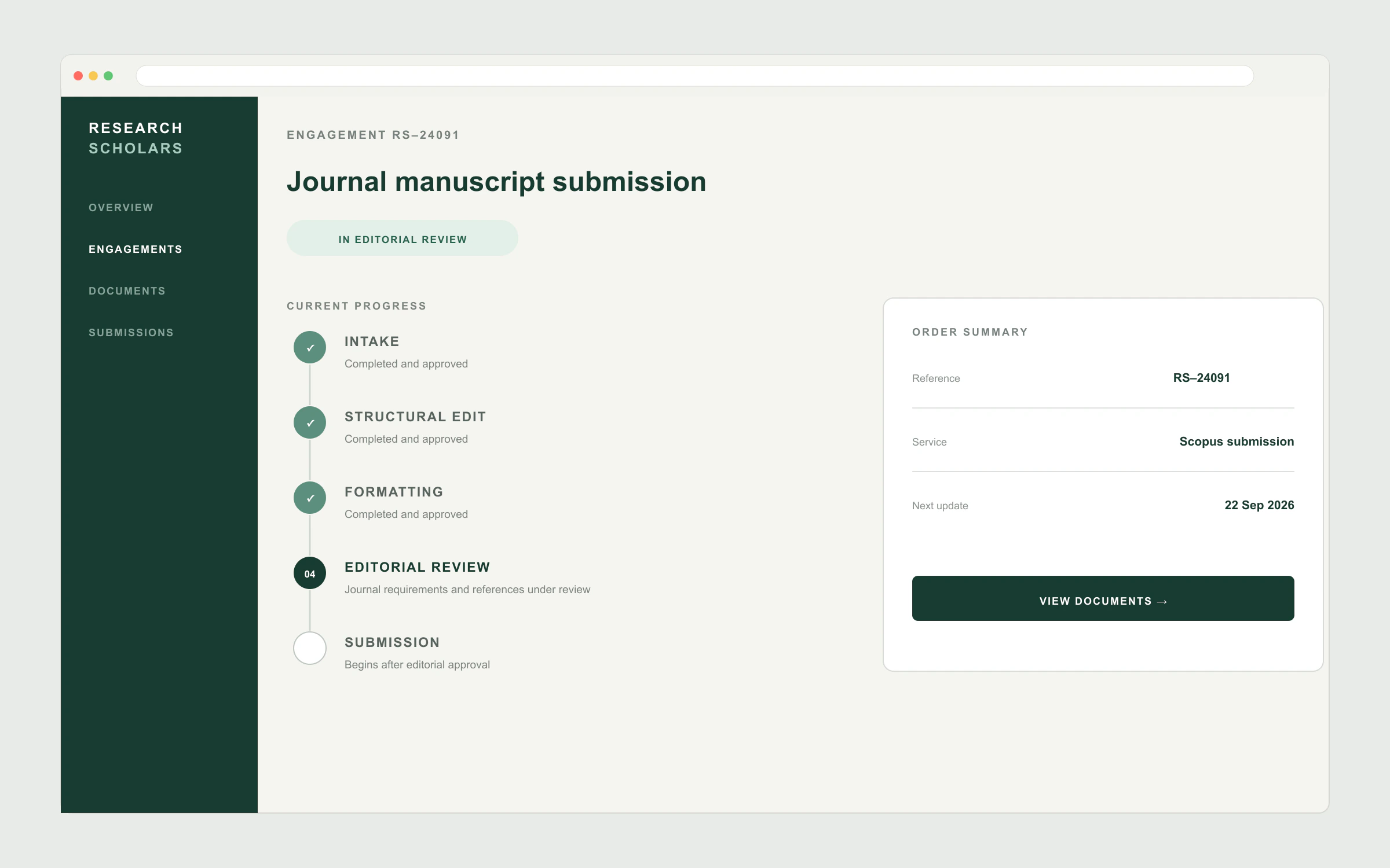 Research Scholars engagement dashboard showing manuscript milestones and an order summary.