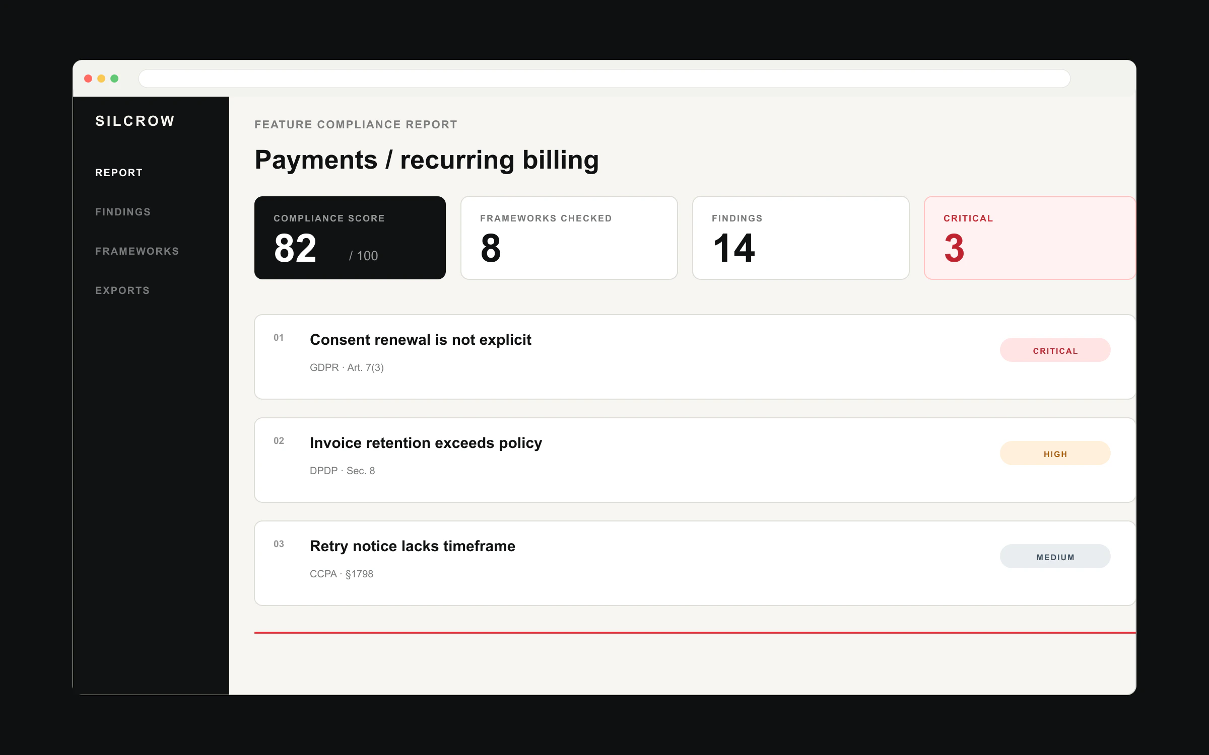 Silcrow compliance report showing a score, framework count and cited findings.