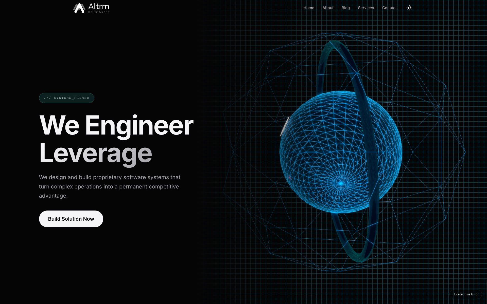 The ALTRM homepage, showing the headline We Engineer Leverage beside a wireframe globe on a dark technical grid.